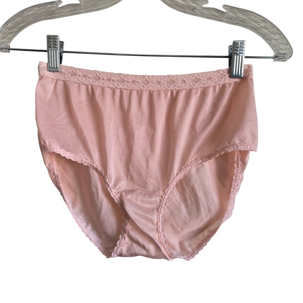 Vtg Size 6 Briefs Womens Pink Mushroom Lace Trim High Rise Nylon Panties